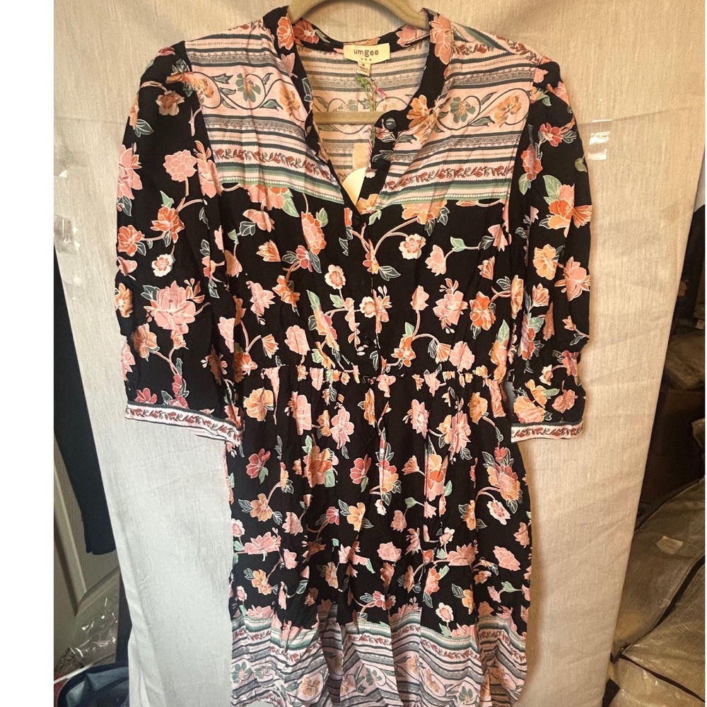 Umgee USA Floral Boho Mini Dress Black Pink Orange C3745 Womens Medium NWT
